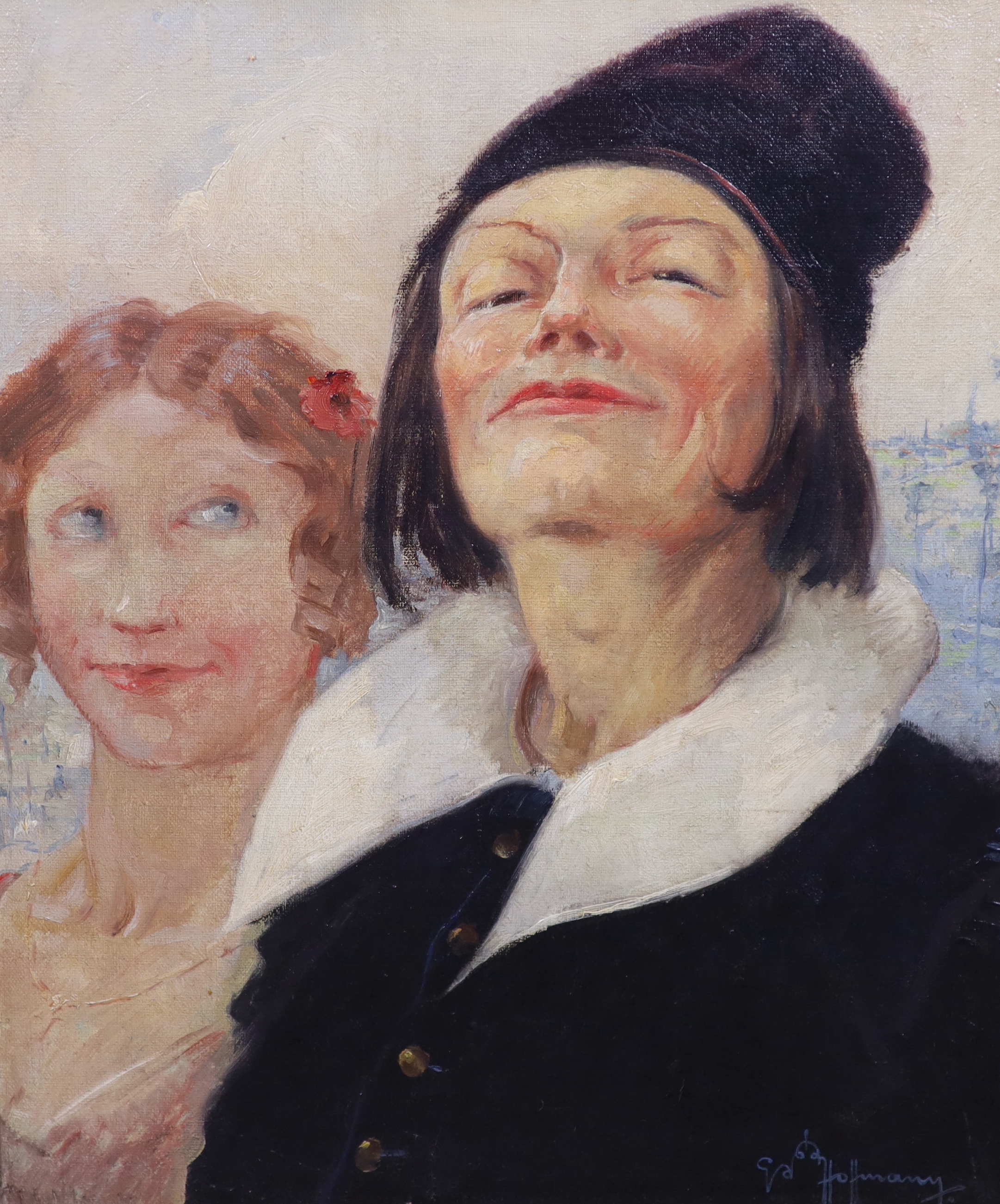 Gaston Hoffmann (French, 1883-1977), oil on canvas, Smirking figures, signed, 54 x 44cm